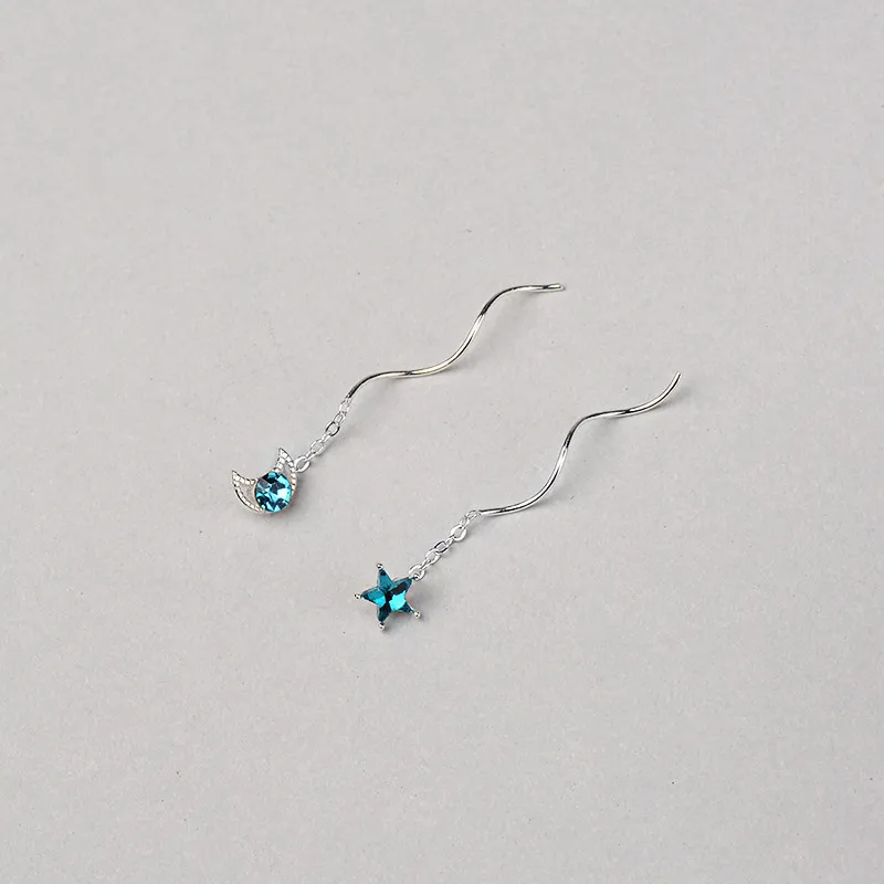 S925 sterling silver blue crystal star moon asymmetrical earrings ladies spiral pentagram ear ornaments jewelry gift 6-ES3141 | Украшения и