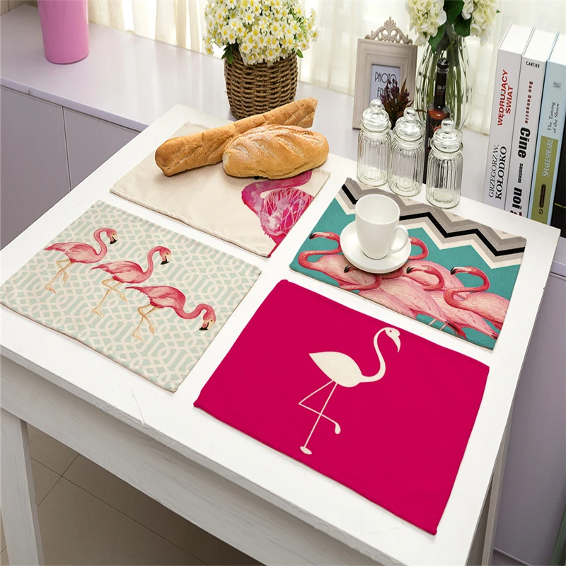Односторонние льняные салфетки с принтом фламинго коврики скатерть кухонные