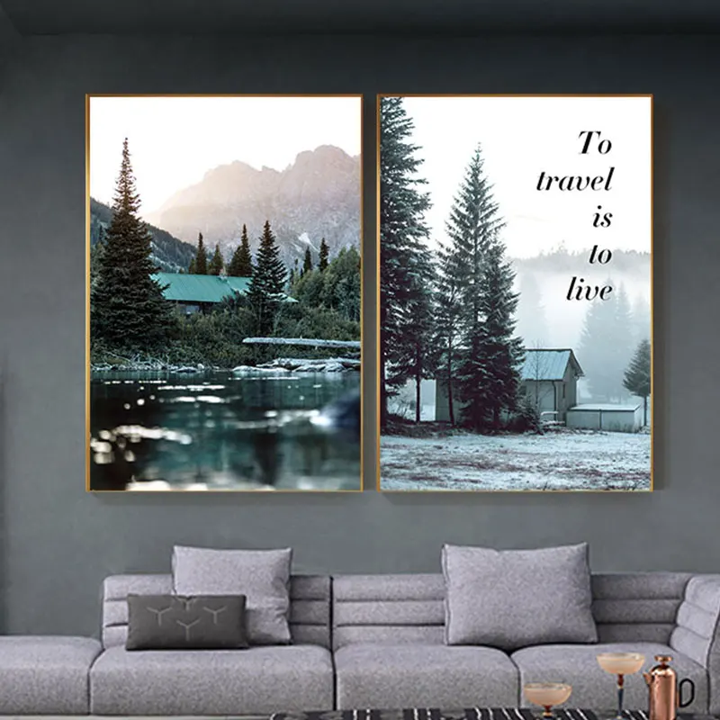 Настенная картина Дом в лесу большой постер скандинавском стиле с зимней снежной