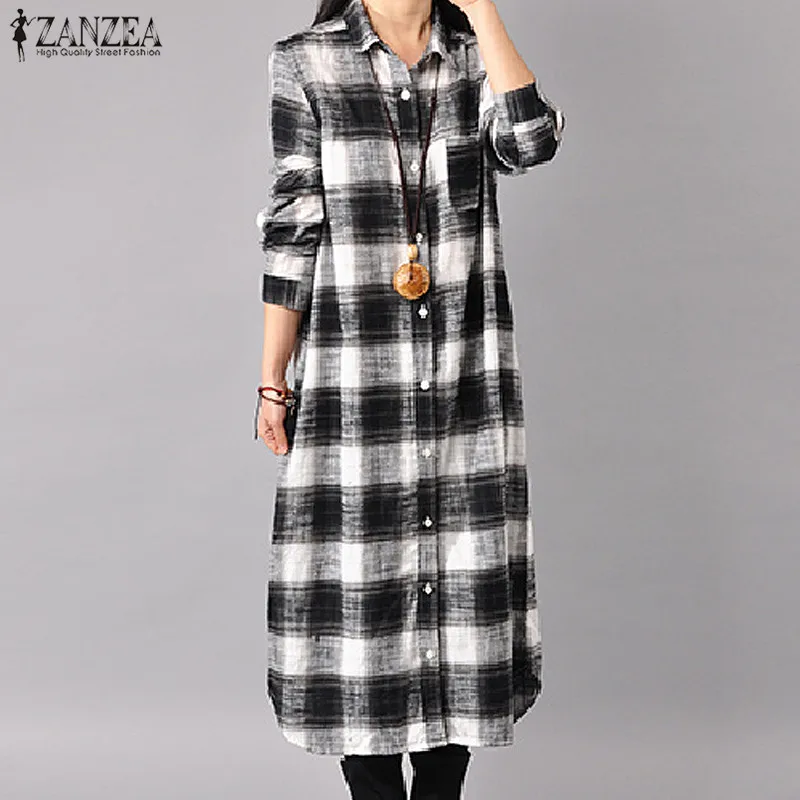 Клетчатая рубашка Vestido ZANZEA, женское длинное платье с отворотом и длинным рукавом, повседневная хлопковая туника на пуговицах, сарафан, Халат