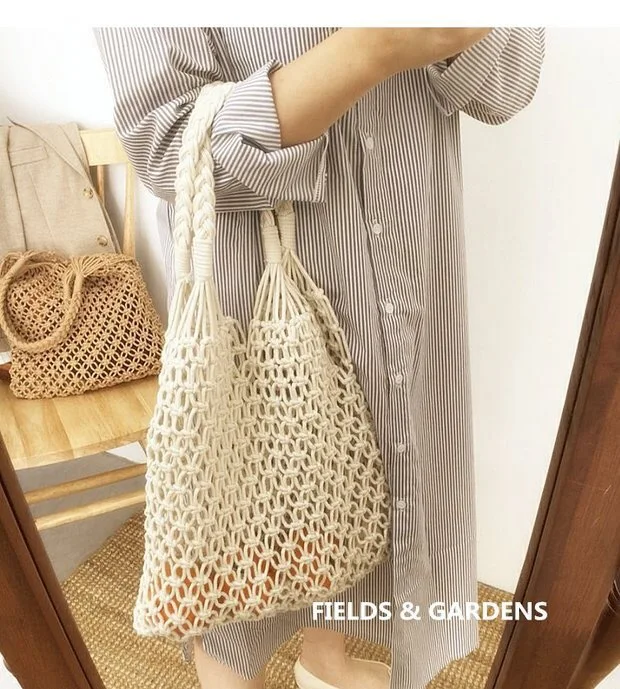 

Fashion Woman Handbag Hand-woven Cotton Thread Hollow Shoulder Bag Casual Portable Shopping Bags Beach Holiday Fishnet Totes Bag