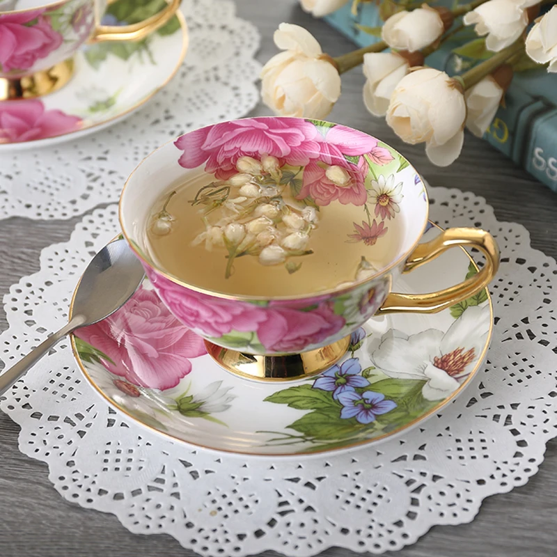 

180cc Pastoral Style Ceramic Bone china Coffee Milk Cup with Saucer Spoon Kit Office Fruit Juice Mug Drinkware for Wedding Gift
