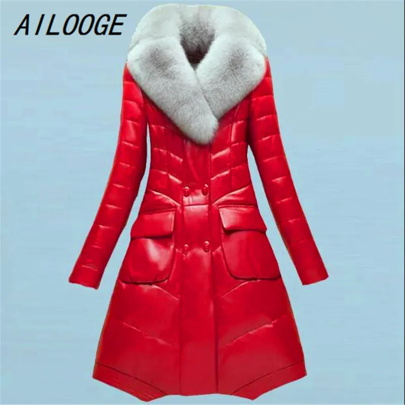 AILOOGE Winter Women Leather Coat High Quality Weight Jacket Duvet Sheep Temperament Fox Fur Collar Fashion Female Down Par | Женская