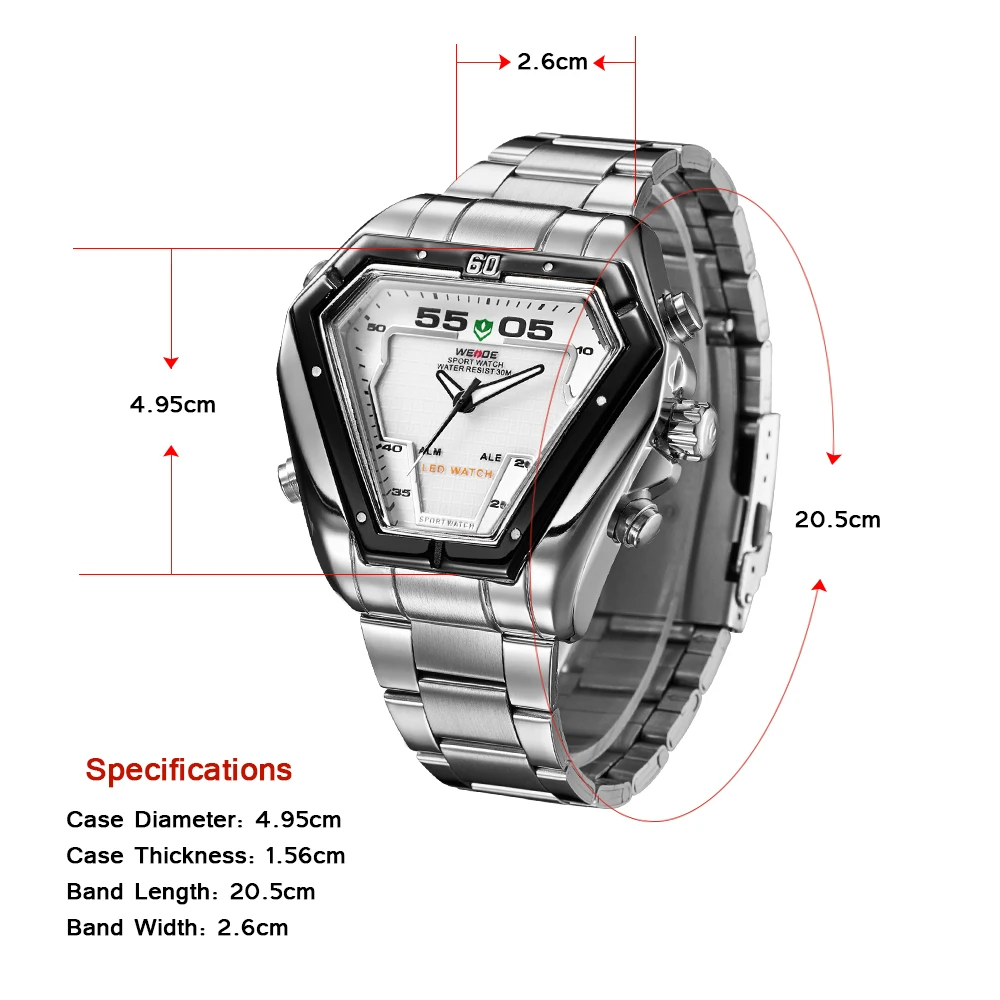 Бренд класса люкс WEIDE спортивная модель серебряный ремешок из нержавеющей стали