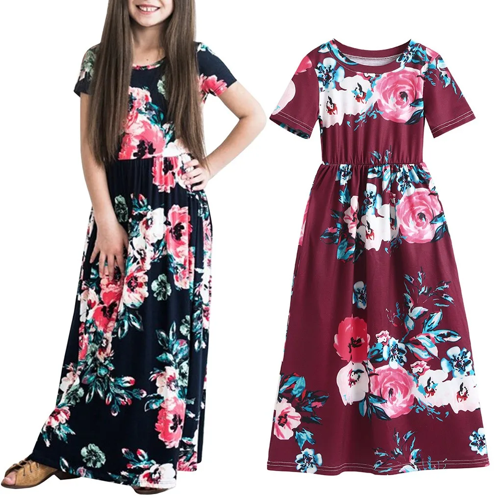 Платье с коротким рукавом и цветочным принтом для девочек повседневное