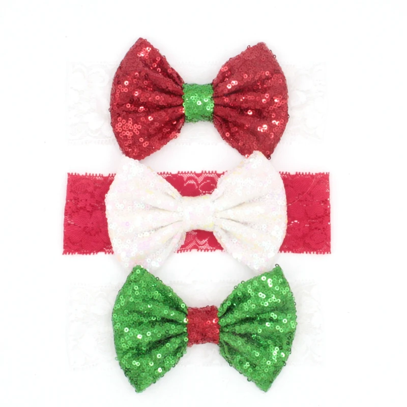

2Pcs/lot Trendy Christmas 5" Sequins Bow Lace Infantile Elastic Headband Hot-sale Elastic Kids Girl DIY Hair Accessories