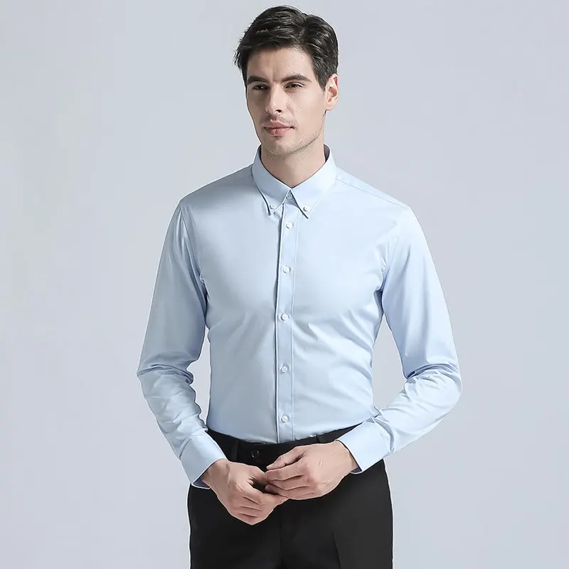 High Quality Men's Shirts Formal Buckle collar Cotton Blend Classic Solid Color Long Sleeve Business Suits Blouse