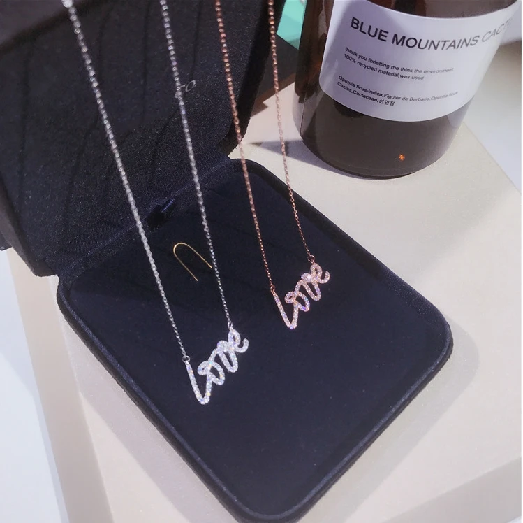 Necklace Love Imitation Silver Chain Letter Personality Clavicle 925 Sterling Paved White Cubic Zirconia Necklaces | Украшения и