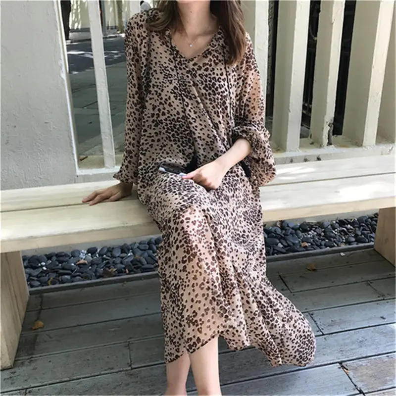 HziriP Women New Elegant Long Shirt Dress 2018 Autumn Leopard Sleeves Party Loose Versatile Chiffon Dresses Send Sling | Женская одежда