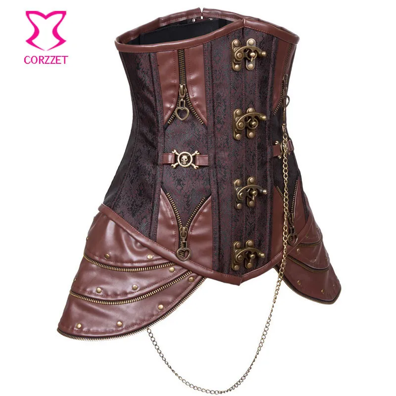 Винтажный коричневый кожаный стальной корсет Corzzet в стиле стимпанк бюстье топ