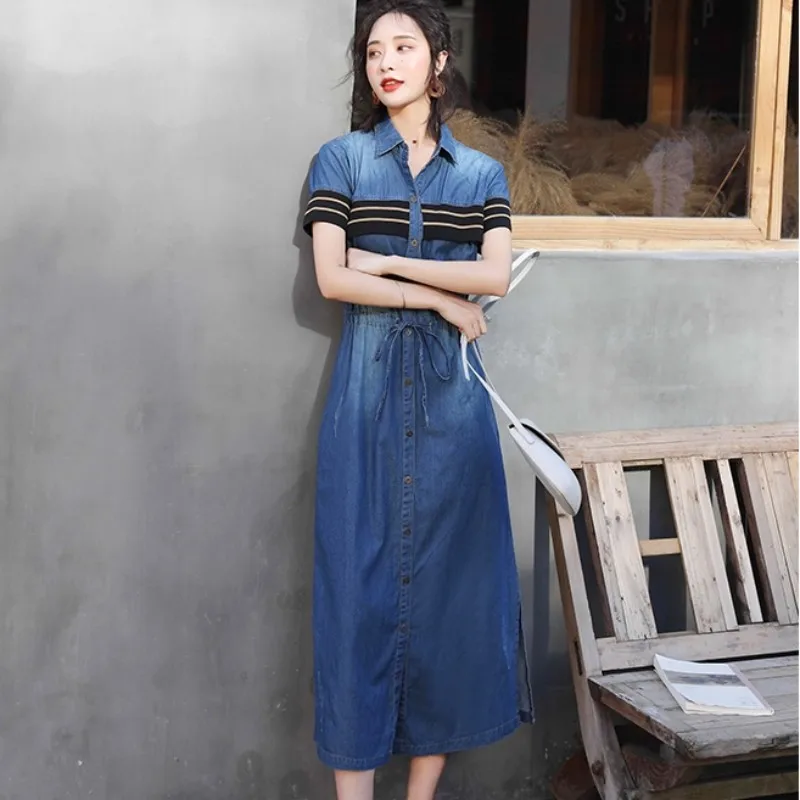 Короткий рукав шнурок Slim Fit джинсовое платье для женщин новые летние тонкие однобортные платья средней длины корейская модная одежда