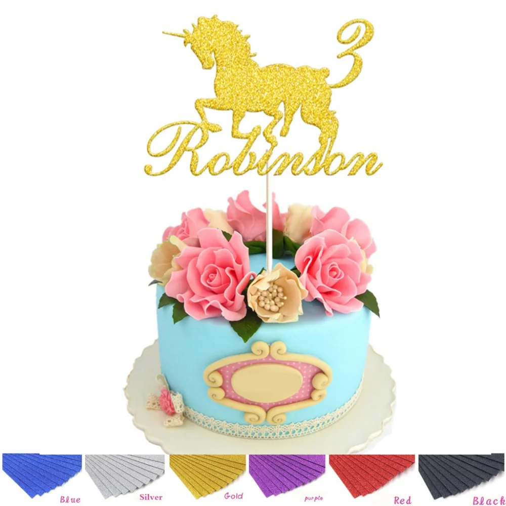1 шт на заказ блестящий золотой серебряный единорог имя возраст торт Топпер день