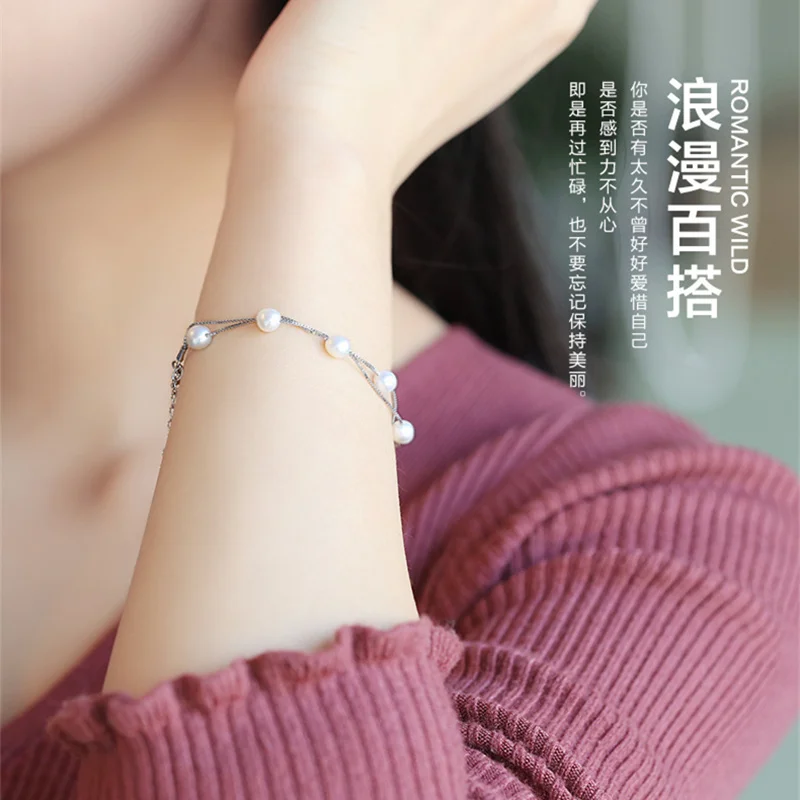 Genuine new style Double-deck design S925 Sterling silver Bracelet TOP natural pearl Fashion jewelry for women Girl's | Украшения и