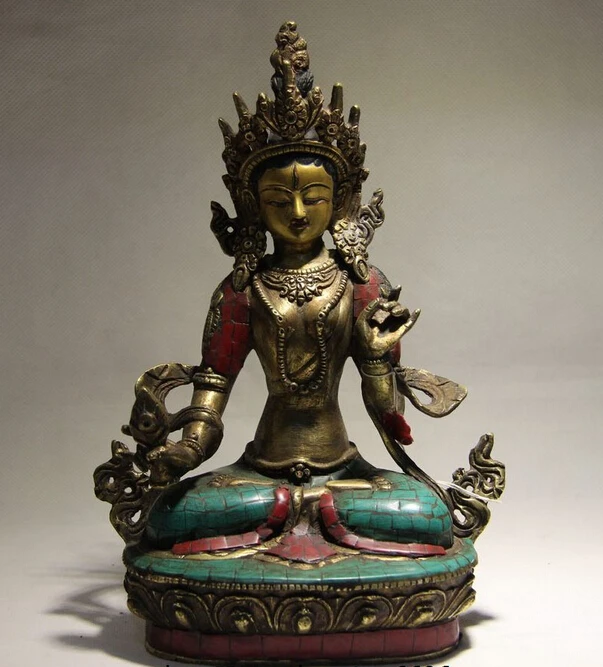 

fast shipping USPS to USA S0900 Tibet Buddhism Fane Copper Inlay Turquoise Coral Ruby Beryl Tara Kwan-yin Statue