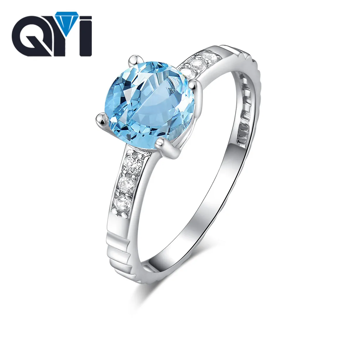 

QYI Natural real blue topaz 925 sterling silver 1.25 CT gem Fine jewelry For women rings Natural blue topaz ring wholesale