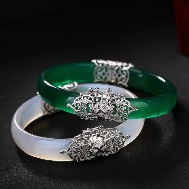 

925 Sterling Silver Green Jade Bangles Silver Palace Vintage Adjustable 925 Jade Bangles For Women Palace Jewelry