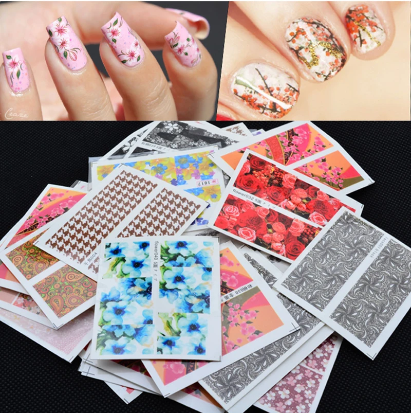 50 Sheet/Set Mix Nail Design Flower Water Transfer Stickers Nails Beauty Foil for Wraps Polish TemporaryTattoos Sticker | Красота и