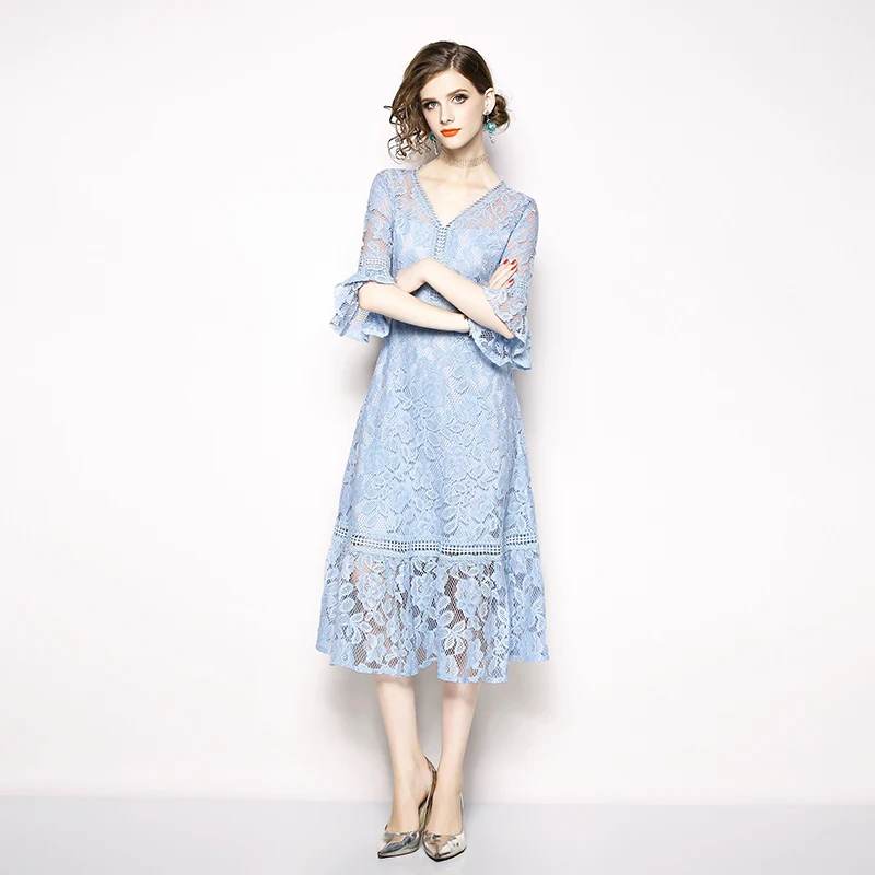Голубое Кружевное Платье летнее с коротким рукавом повседневные тонкие