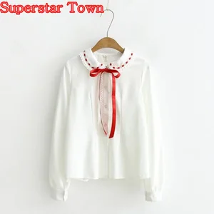 блузка женская  белая блузка Белые женские Блузка Повседневная с длинным рукавом Женские блузки милые школьные рубашки Сладкая Лолита школьная одежда harajuku блузка белая женская блузка кружево кружевная блузка