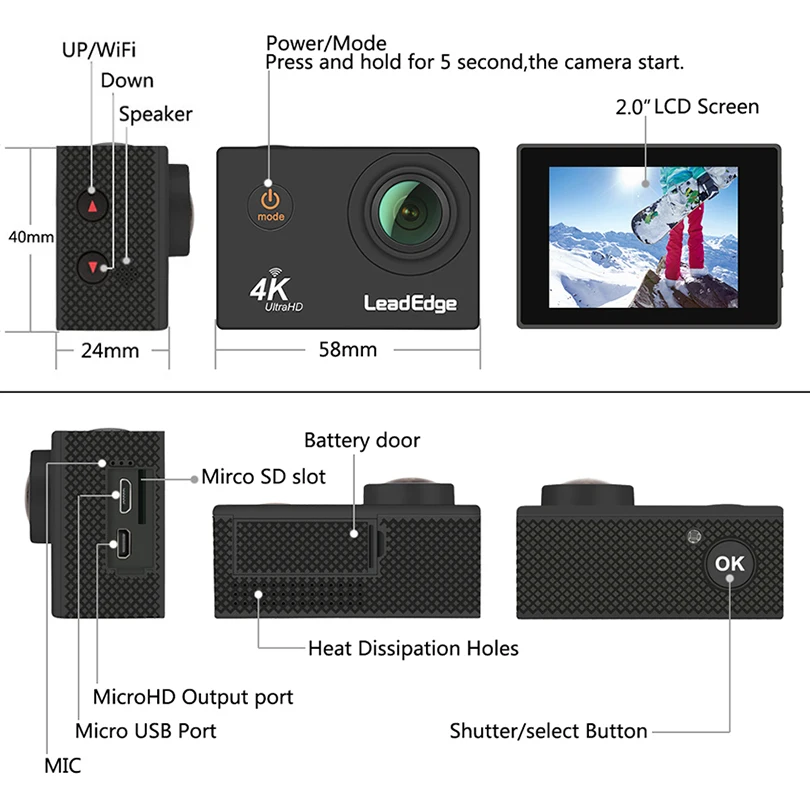 Экшн камера LeadEdge LE5000 4K/30fps 16 МП 2 0 дюймовый ЖК дисплей угол обзора 170 градусов Wi Fi