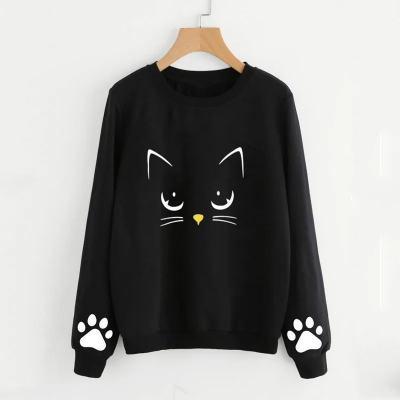 Плюс Размеры Толстовка Для женщин осень зима Cat Weater с длинными рукавами и круглым