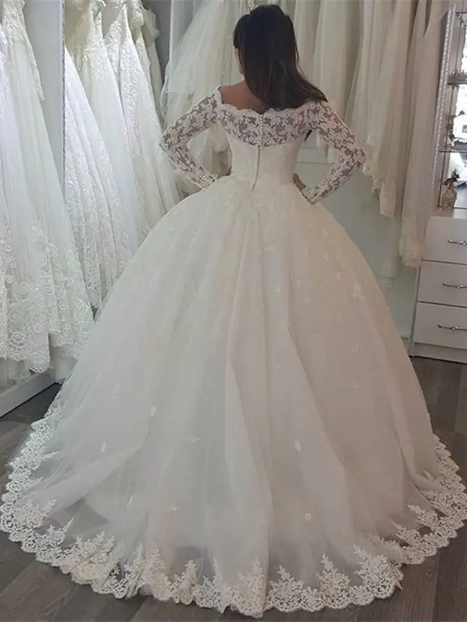 

Sheer Long Sleeves Lace Ball Gown Wedding Dresses 2019 Vintage Applique Lace Tulle Bridal Gowns Vestidos De Noiva Custom Made