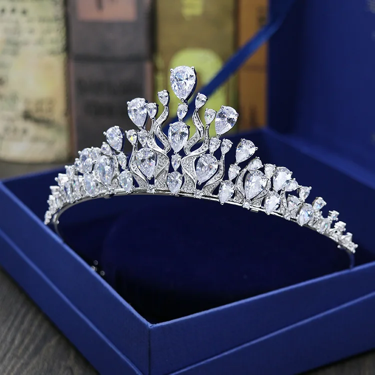 

SLBRIDAL Vintage Clear Cubic Zircon Wedding Tiara CZ Bridal Queen Princess Pageant Royal Party Crown Women Hair Jewelry