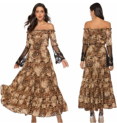 Solid Print Boho Maxi Woman Dress Office Lady Fashion Vintage Beach Dresses Slash Neck Long Sleeve Party Vestido | Женская одежда