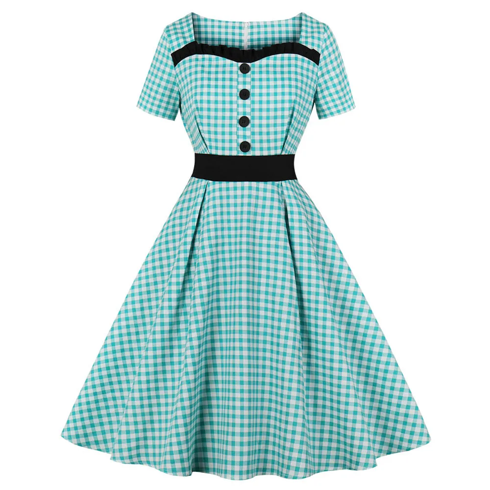 Женское клетчатое платье до середины икры с коротким рукавом и принтом в