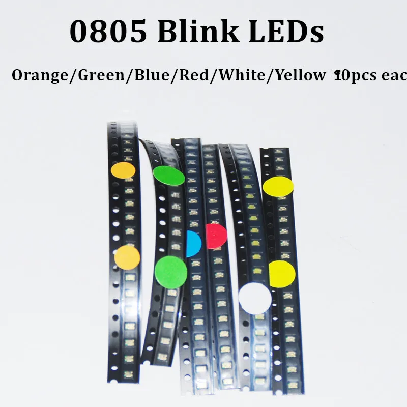 60 шт. мигающий и мерцающий светодиодный Диод 0805 SMD мигающий диод SMD 0805 Смешанный 10 шт. каждый красный нефрит-зеленый синий белый желтый оранжевый