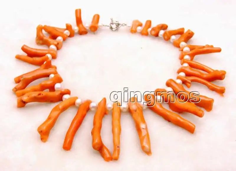 Qingmos Big 8*70mm GENUINE Pink Branch shape Coral and 8-9mm White Pearl 18&quot Necklace-nec6162 Wholesale/retail Free shipping | Украшения