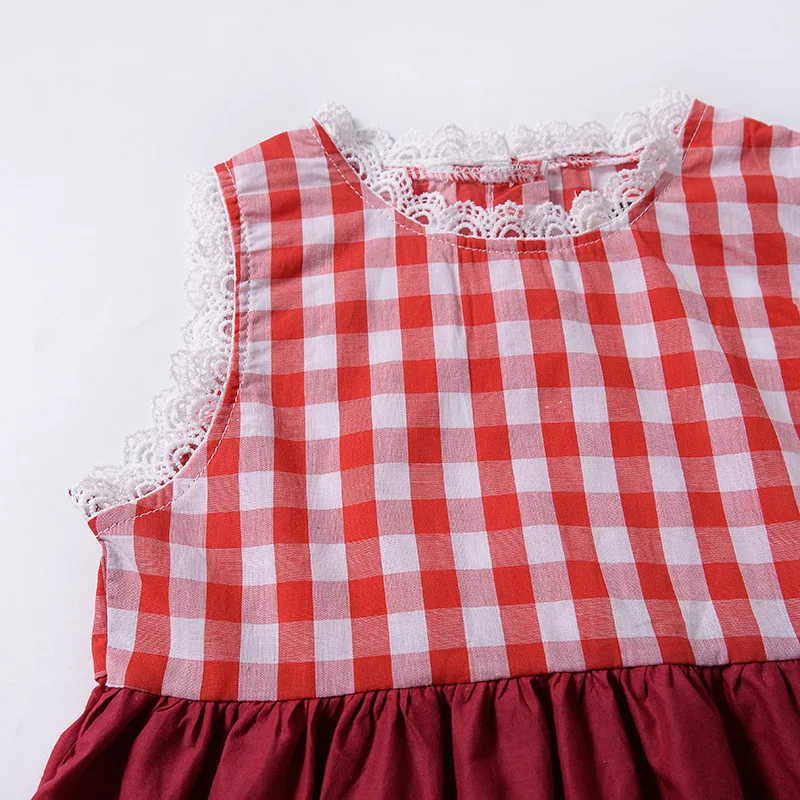 Hot style Children Summer Dress Girl's Lace Plaid Baby Pleated Red Crew Neck Toddler Princess Fairy dress DR19020 | Детская одежда