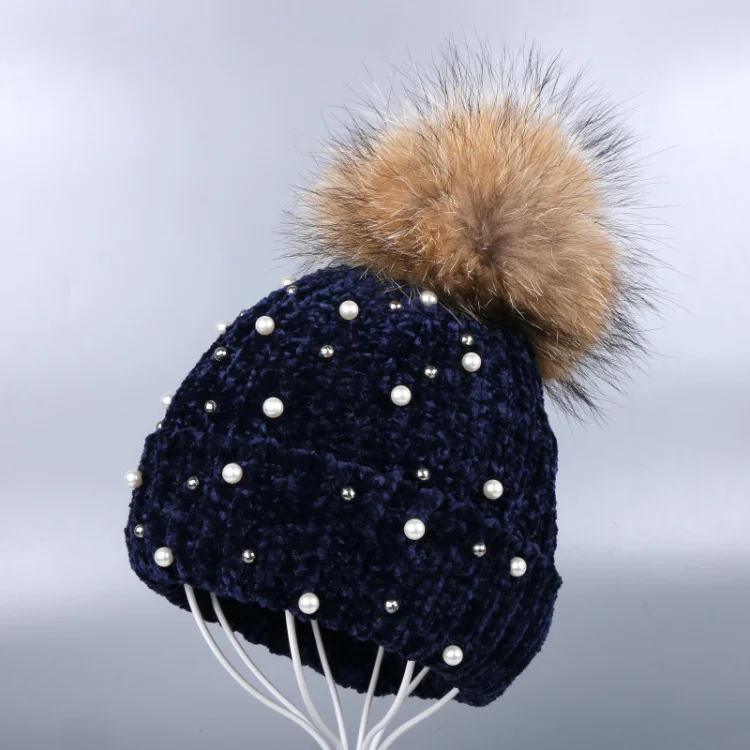 Mink Pom navy hat Женская шенилловая зимняя шапка с лисьим помпоном очень мягкая Высококачественная полосатая самодельная дизайнерская женская модная зимняя Шапка-бини - Цвет: Mink Pom navy hat