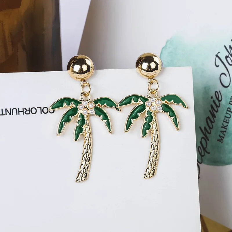 

Summer Fashion Jewelry Korean Style Big Exaggerated Tropical Element Plant Earring Coconut Palm Pearls Crispy Colorful Earring