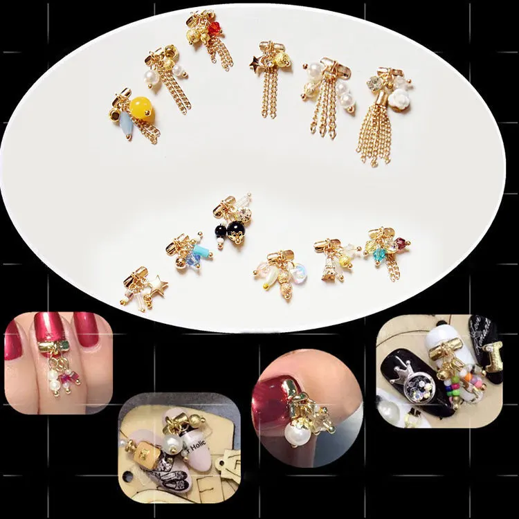 

10pcs latest Luxury GOLD 3d fashion alloy nail art Pendant decoration metal Tassel chain gel polish accessories nail art jewelry