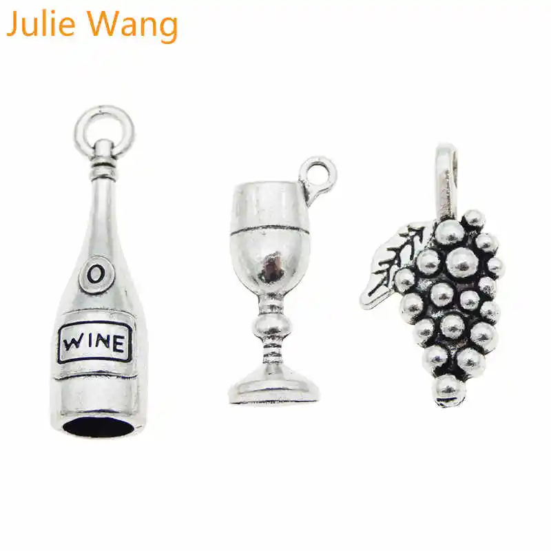 Julie Wang 12PCS Wine Bottle Goblet Grape Set Charms Alloy Antique Silver Color Bracelet Jewelry Making Pendant Accessory