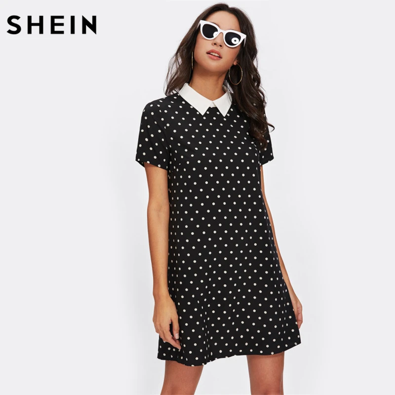 SHEIN Модное Платье С Контрастным Воротником Женское Летнее Черное Повседневное