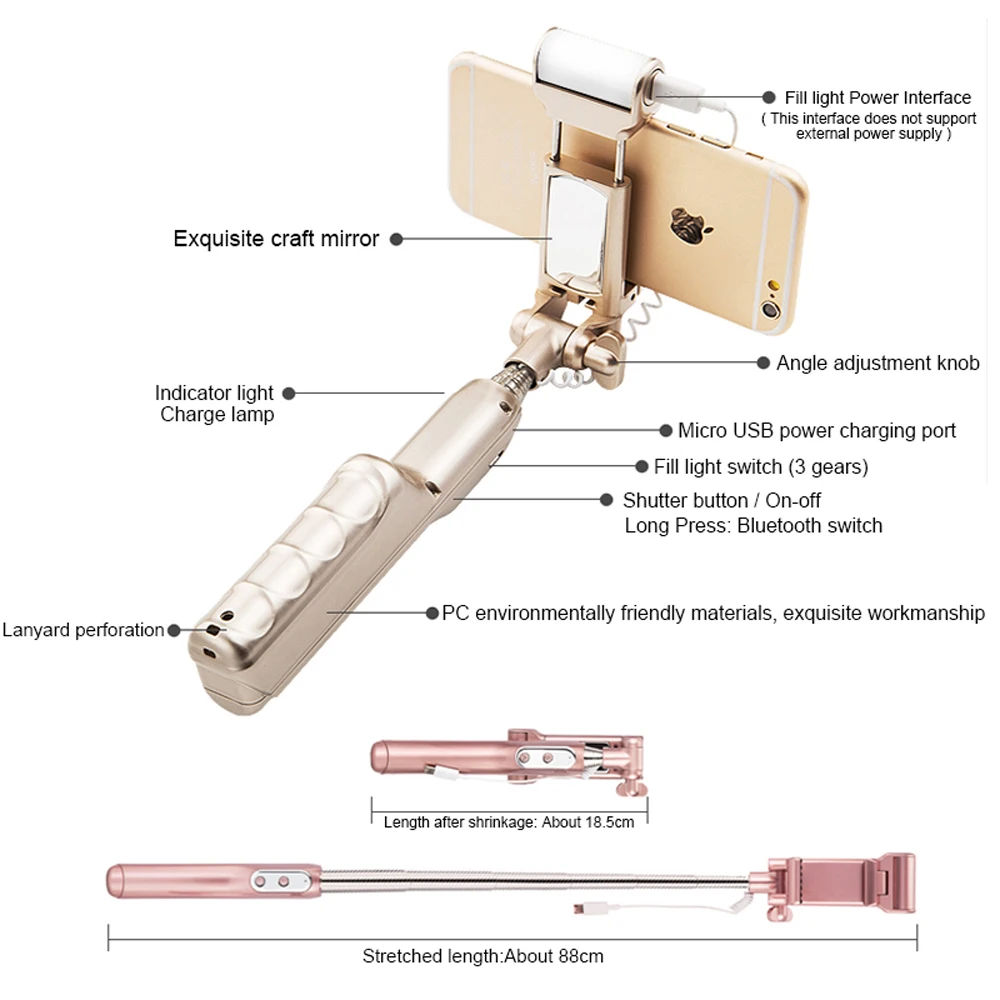 ADYSS селфи палка для Bluetooth монопод с зеркальным светом Android iPhone samsung мобильный