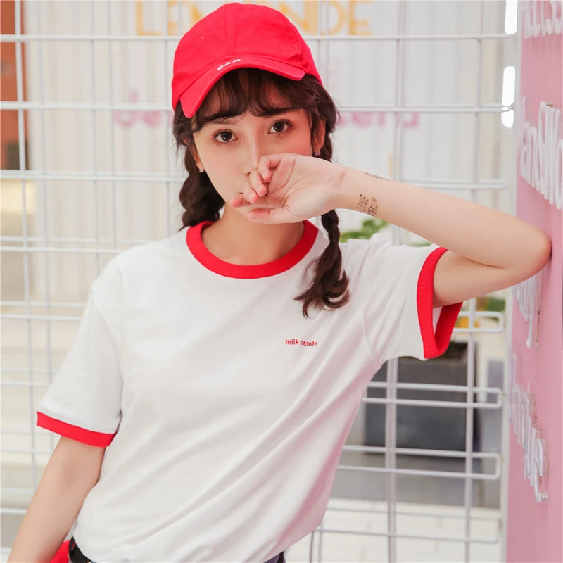 Harajuku Kawaii футболка с коротким рукавом летняя женская вышивкой Kpop Ulzzang топы для