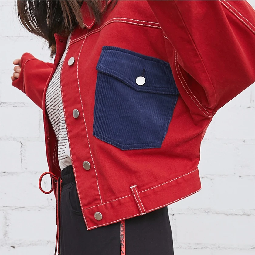 New Arrival Women Contrast Color Denim Jacket Full Batwing Sleeve Turn-down Collar Corduroy Patchwork Loose Short Jean Coat C946 | Женская
