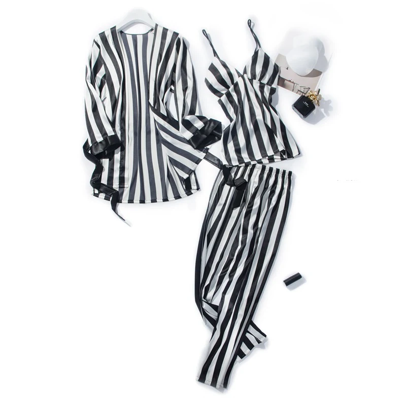 3 piece Striped Pajama Sets sleepwear Ladies top Sexy Big Size bath robe Homewear women set Autumn Winter | Женская одежда