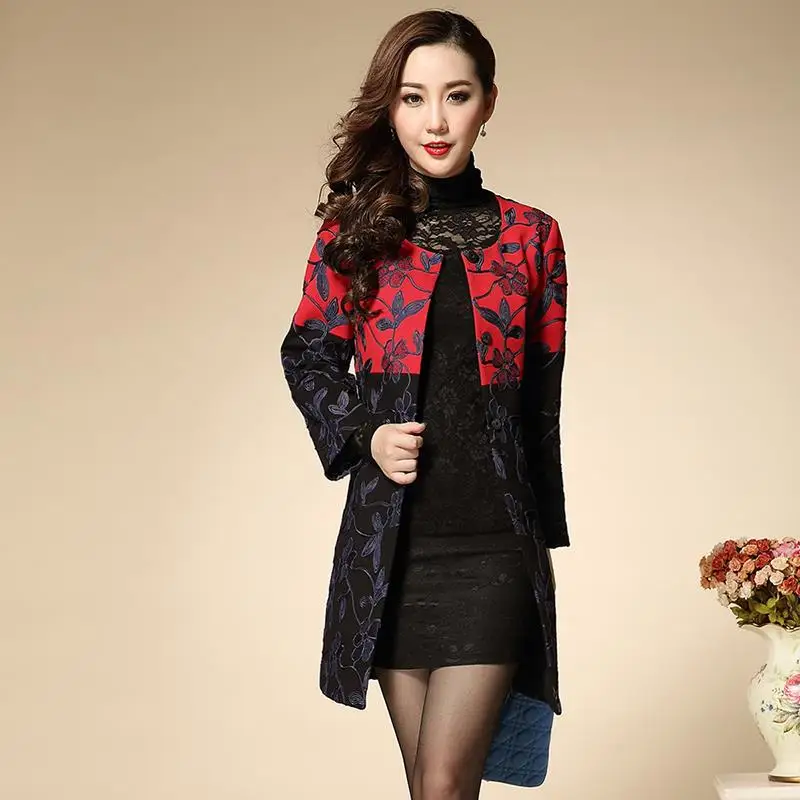 Elegant Jacket New 2016 Autumn Winter Fashion Brand Full Sleeve Blue Embroidery Red Black Spliced Women Long | Женская одежда
