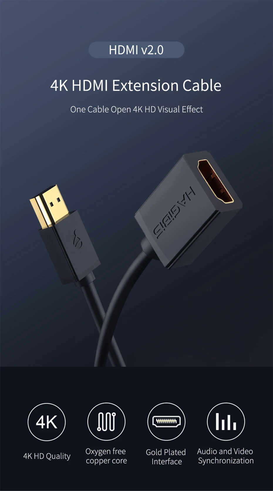 HDMI кабель-удлинитель hagибис 4K 3D HDMI2.0 Мужской и Женский удлинитель для компьютера/HDTV/ноутбука/проектора/PS3/4 аудио-видео кабель 1 м