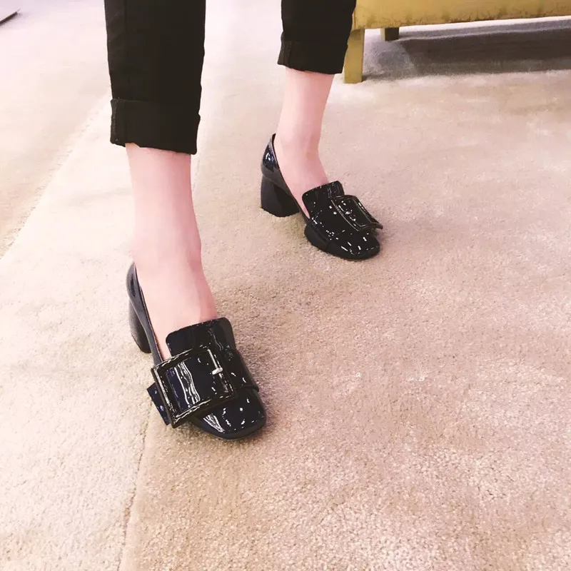 5cm Hoof Heel Women Pumps Mixed Colors Square Toe Buckle Lady Shoes Patent Leather Office Slip-On for Woman Tenis Feminino | Обувь