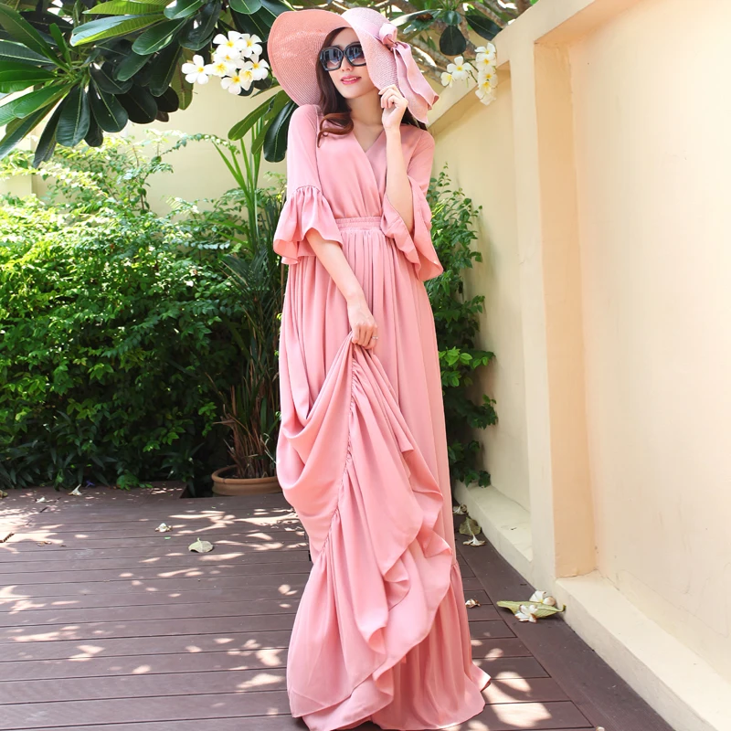 Женское летнее платье 2016 сексуальное длинное из розового шифона с треугольным