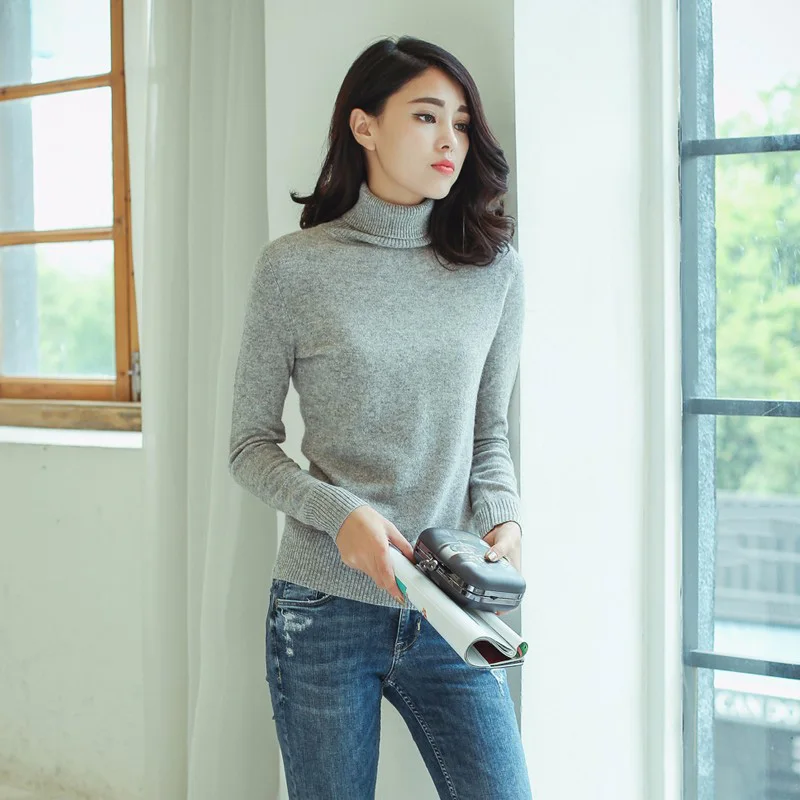 Kashana Cashmere Sweater Turtleneck 100% Pure Pullovers Long Sleeves Knitting Solid Color Gray | Женская одежда