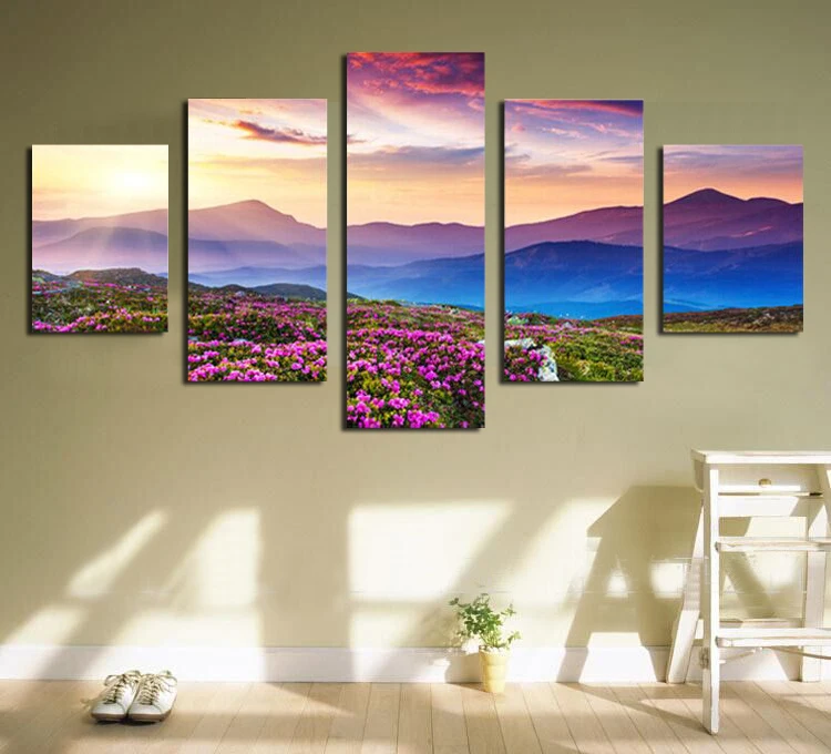 

Картина на холсте фиолетового цвета с изображением горного пейзажа, современная живопись, потрясающие пейзажи с цветами для гостиной