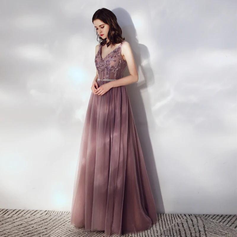 Женское кружевное платье SSYFashion элегантное фиолетовое в пол с V образным вырезом и