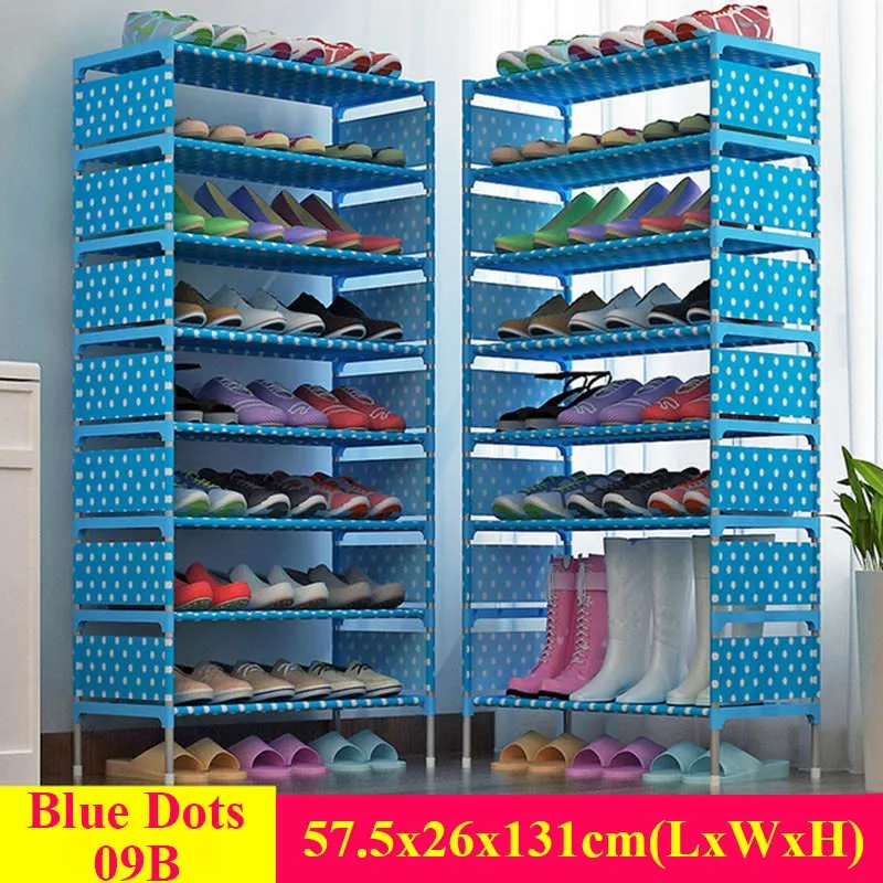 Blue Dots 09B Многоуровневая Простая Стойка для обуви из нетканого материала, стальная трубка, шкаф для хранения обуви, для прихожей, компактный органайзер для обуви - Цвет: Blue Dots 09B