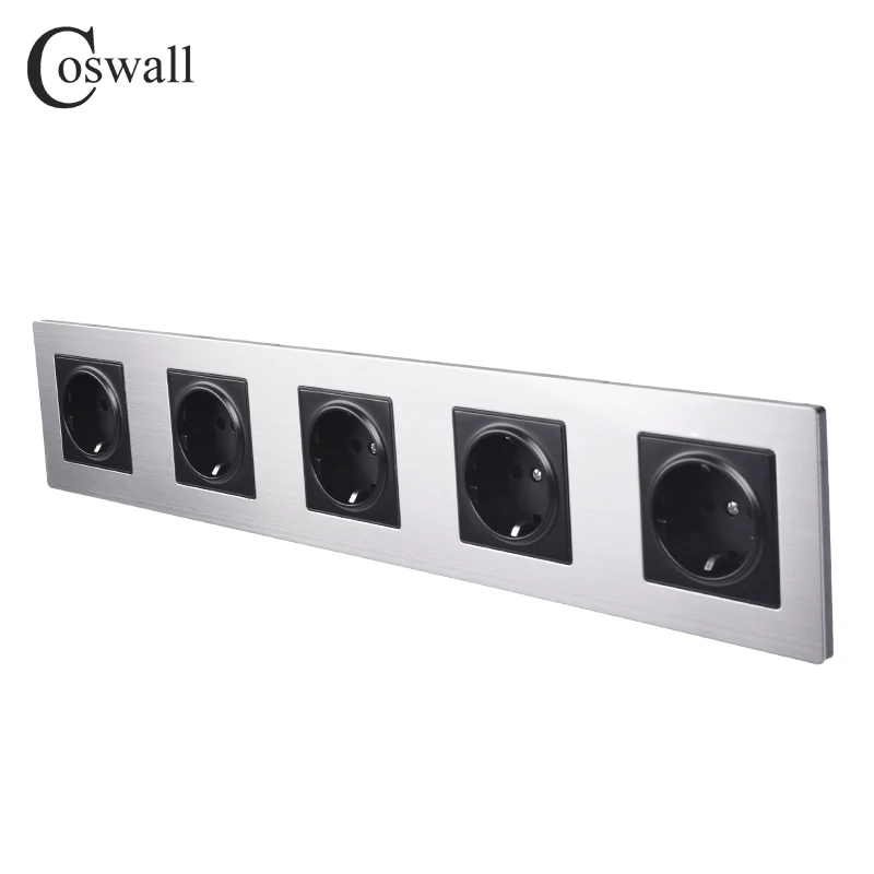 

COSWALL Stainless Steel Panel 5 Gang Wall Socket 16A EU Russia Spain Electrical Outlet Silver Black Color Child Protective Door